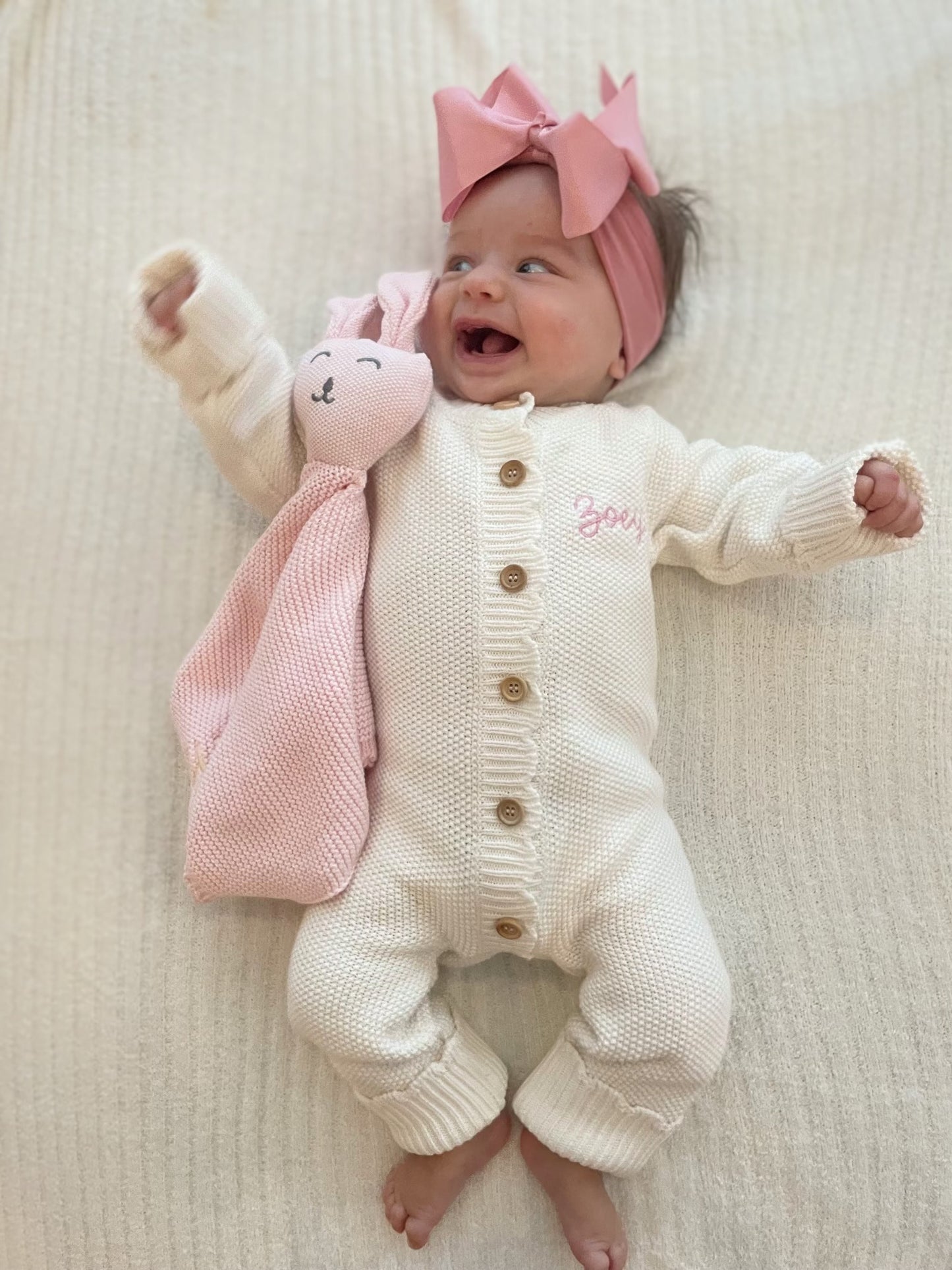 Scallop Knit Sweater Romper with Script Font Name