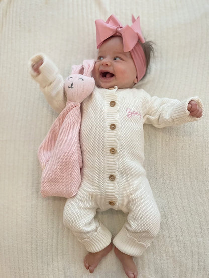 Scallop Knit Sweater Romper with Script Font Name