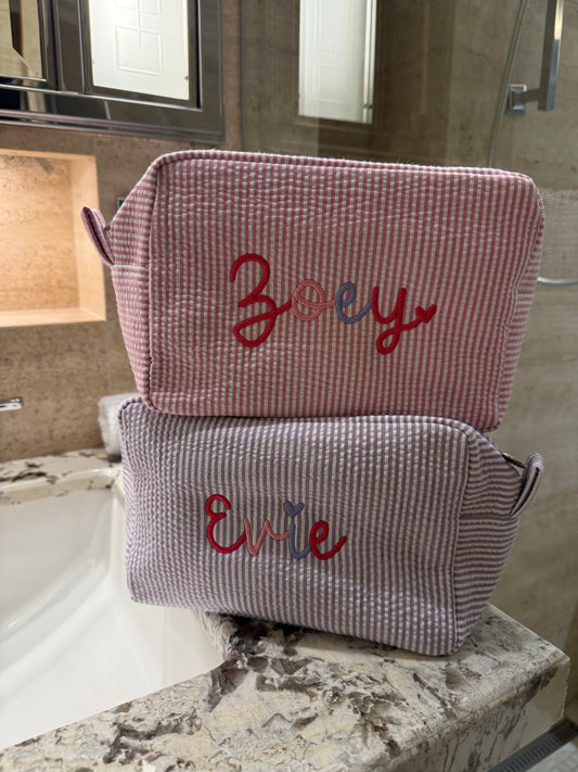 Seersucker Multicolor Script with Heart Toiletry Bag